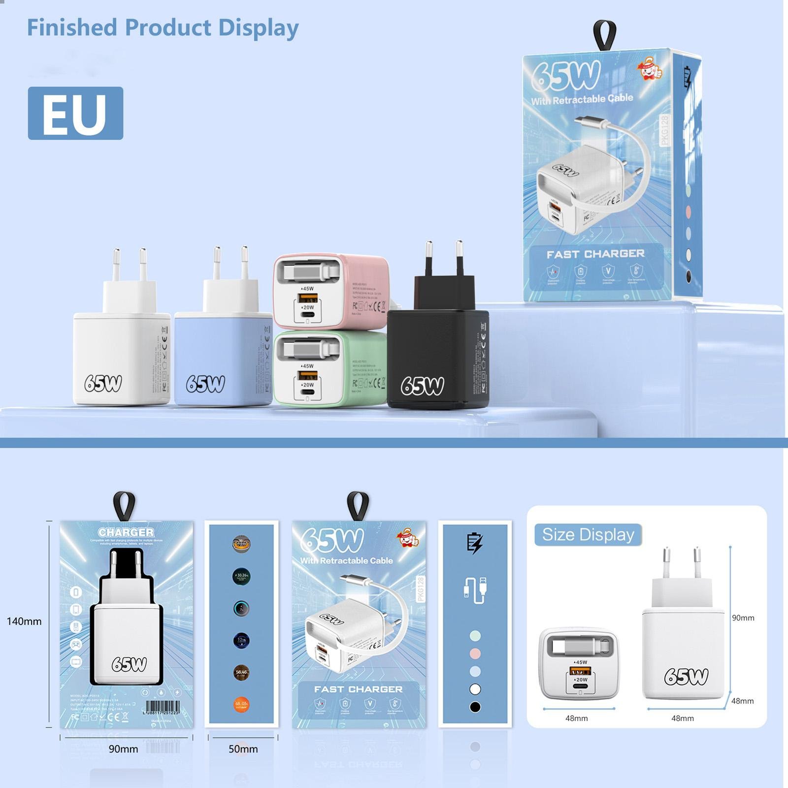 65W GaN Fast Charger with Built-in Retractable Type-C Cable & Dual Ports - Image 2