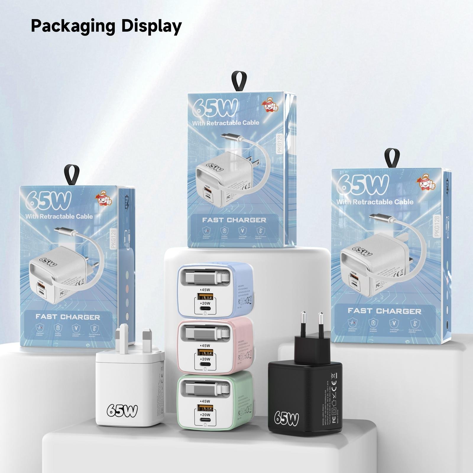 65W GaN Fast Charger with Built-in Retractable Type-C Cable & Dual Ports - Image 3