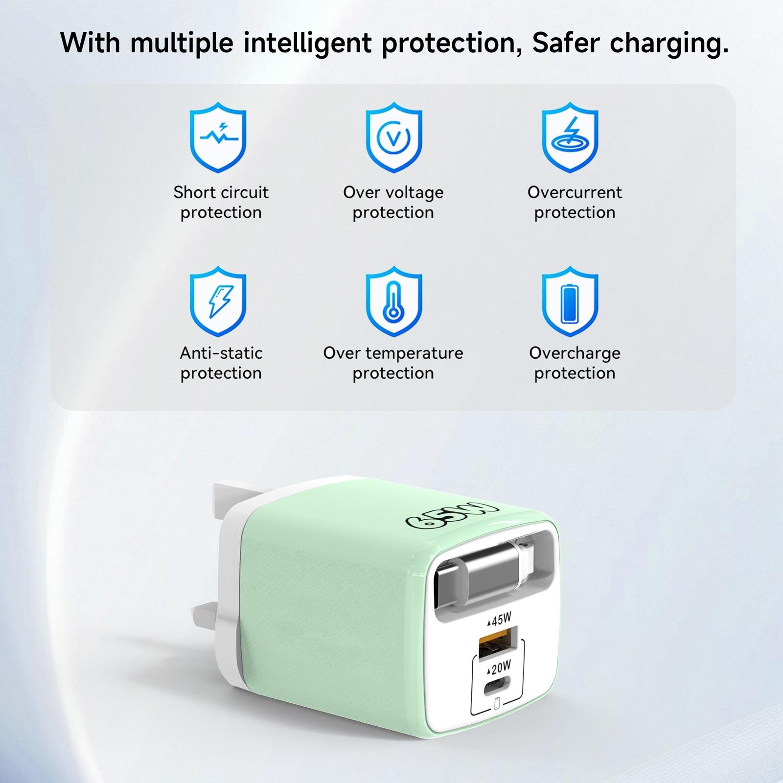 65W GaN Fast Charger with Built-in Retractable Type-C Cable & Dual Ports - Image 6
