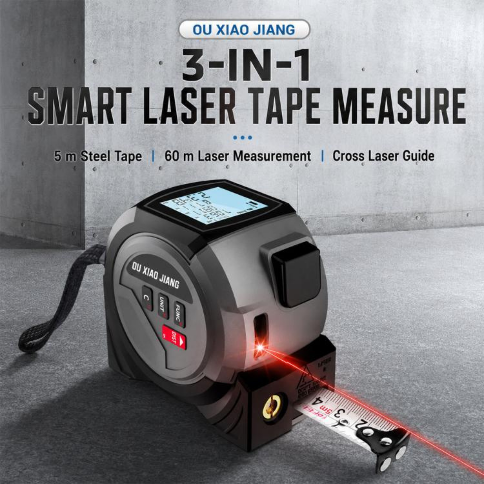 OUXIAOJIANG 3-in-1 40M Digital Laser Measure, Cross Line Laser Level & 5M Steel Tape Measure – High-Precision Electronic Distance Meter with Backlit LED Display - Image 3