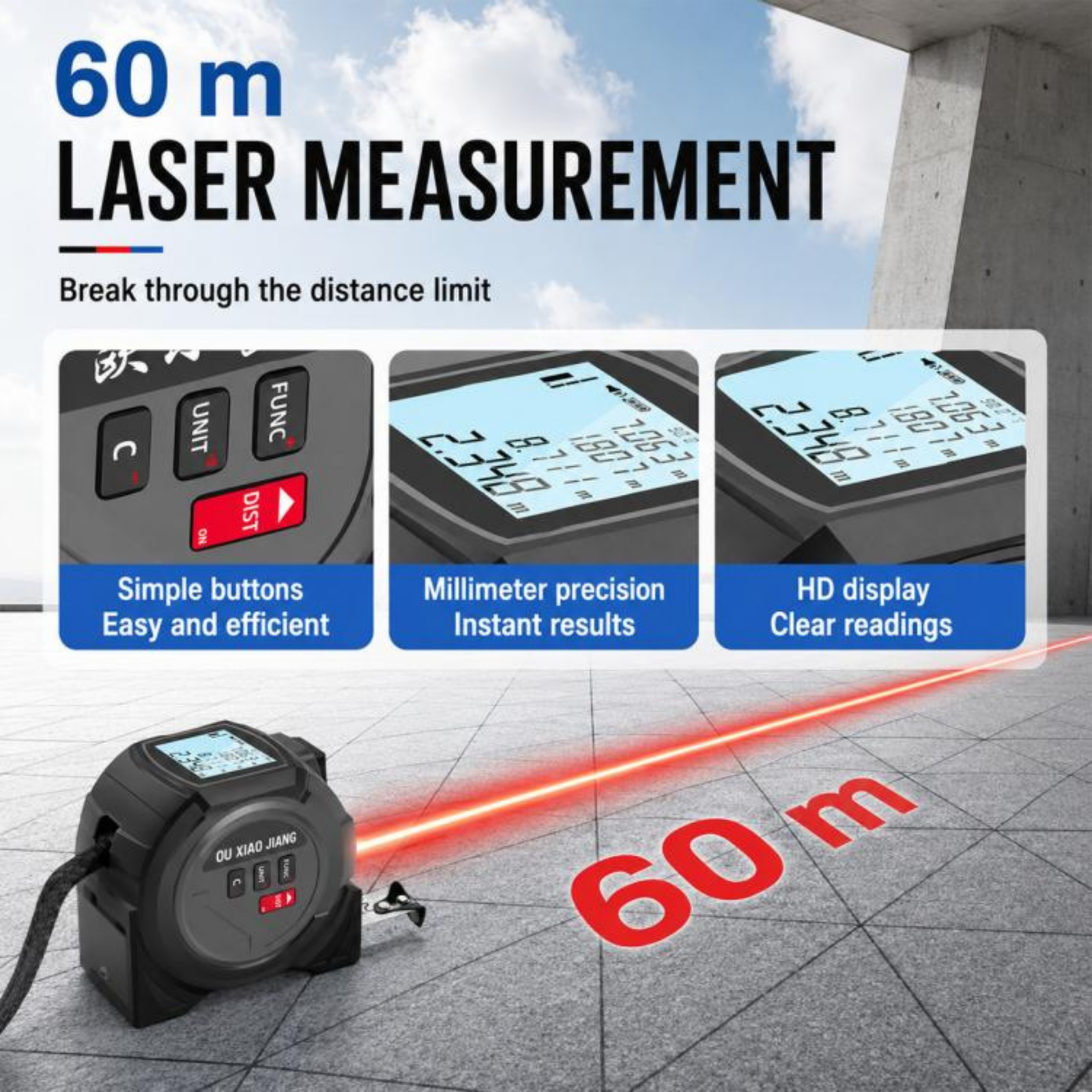 OUXIAOJIANG 3-in-1 40M Digital Laser Measure, Cross Line Laser Level & 5M Steel Tape Measure – High-Precision Electronic Distance Meter with Backlit LED Display - Image 5