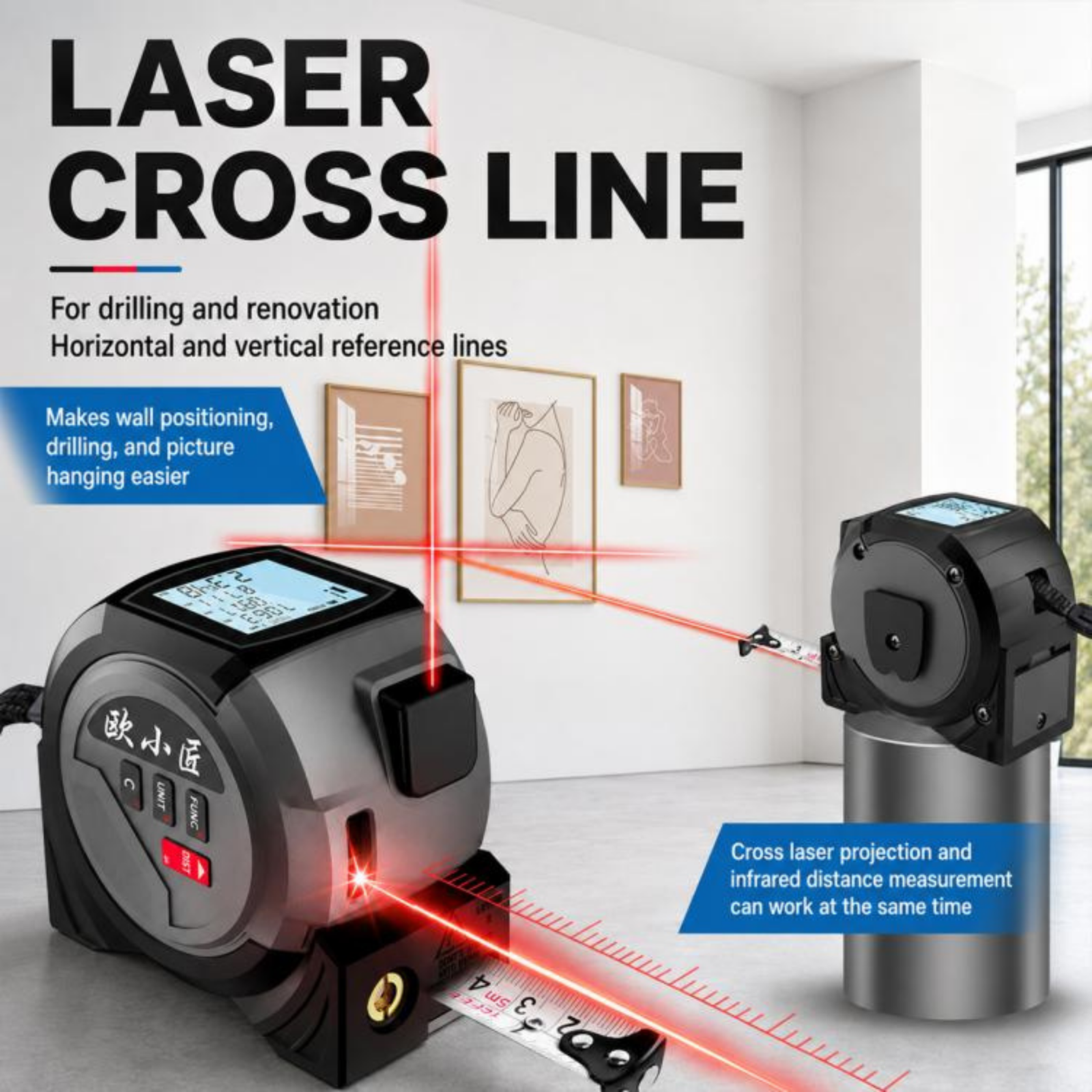 OUXIAOJIANG 3-in-1 40M Digital Laser Measure, Cross Line Laser Level & 5M Steel Tape Measure – High-Precision Electronic Distance Meter with Backlit LED Display - Image 6