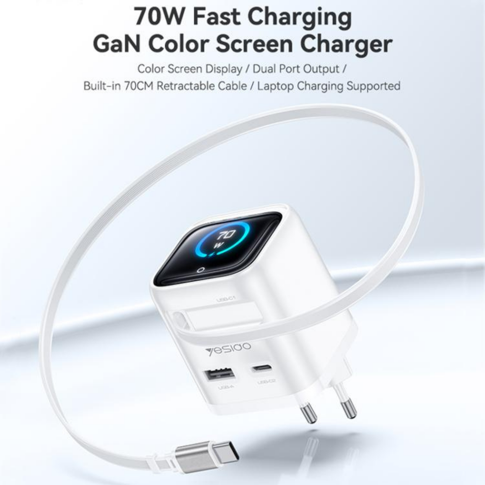 Yesido YC123 70W GaN TFT Display Fast Charger with Retractable Type-C Cable - Image 9